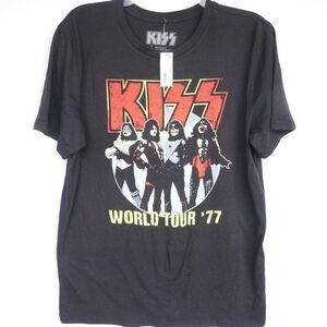 KISS Men T-Shirt Size L Style World Tour 77 Print Licensed Retro Black